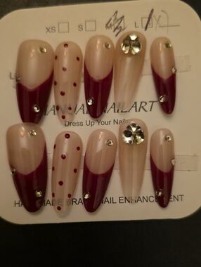 Source Unknown Burgundy and Nude Rhinestone Press-On Nail Set